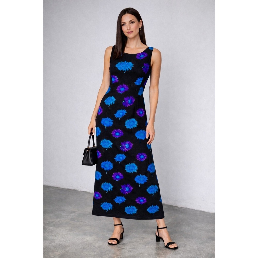 Spenser Jeremy Black Silk Floral Midi Dress Size 14 Back Bow Retro Y2K Elegant